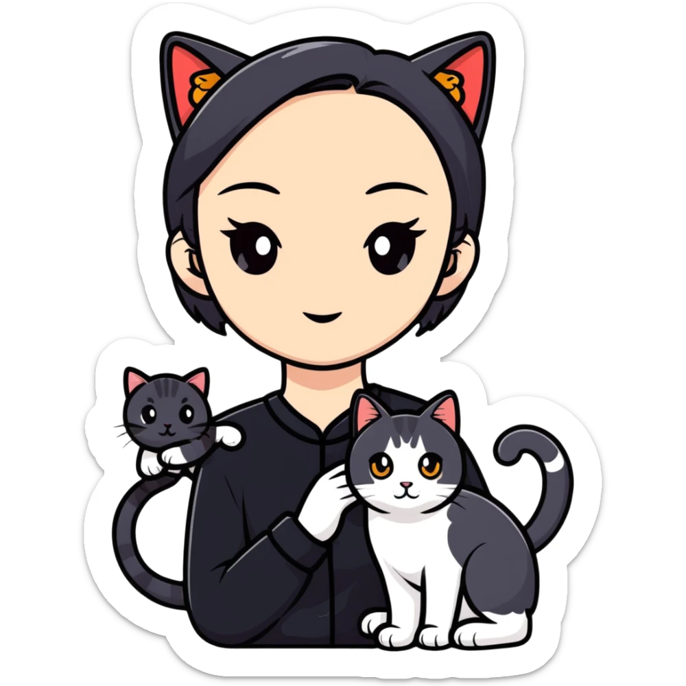Young woman in black clothes with a Chinese domestic cat sticker