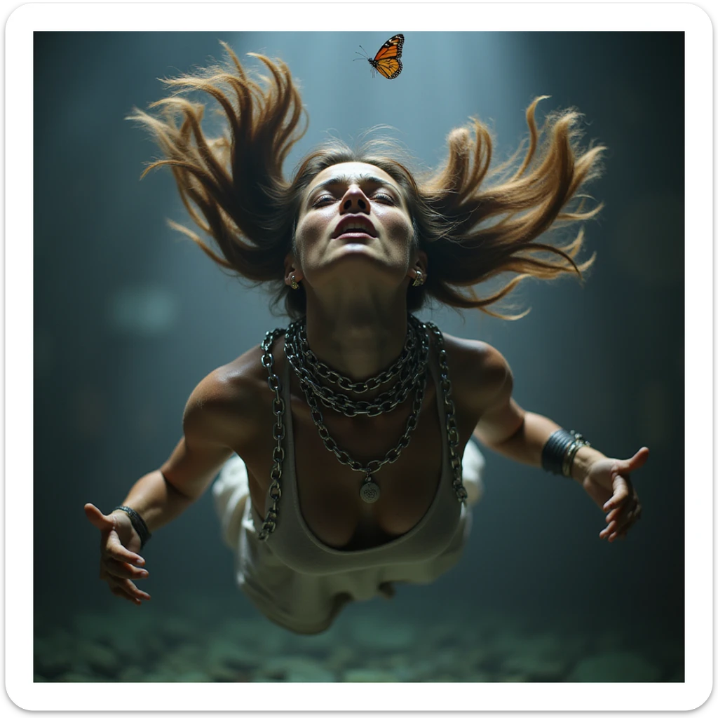 A hyperrealistic 4K image of a woman suspended in zero gravity with hair swirling frantically, chains of anxiety wrapped around her neck and torso, face showing fear and distress, butterflies struggling to break free, sharp light and shadow, palpable anxiety. sticker