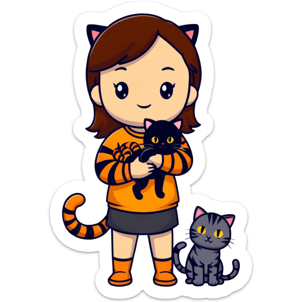 tan brown-haired girl holding two cats, one black cat and one orange tiger-striped cat sticker