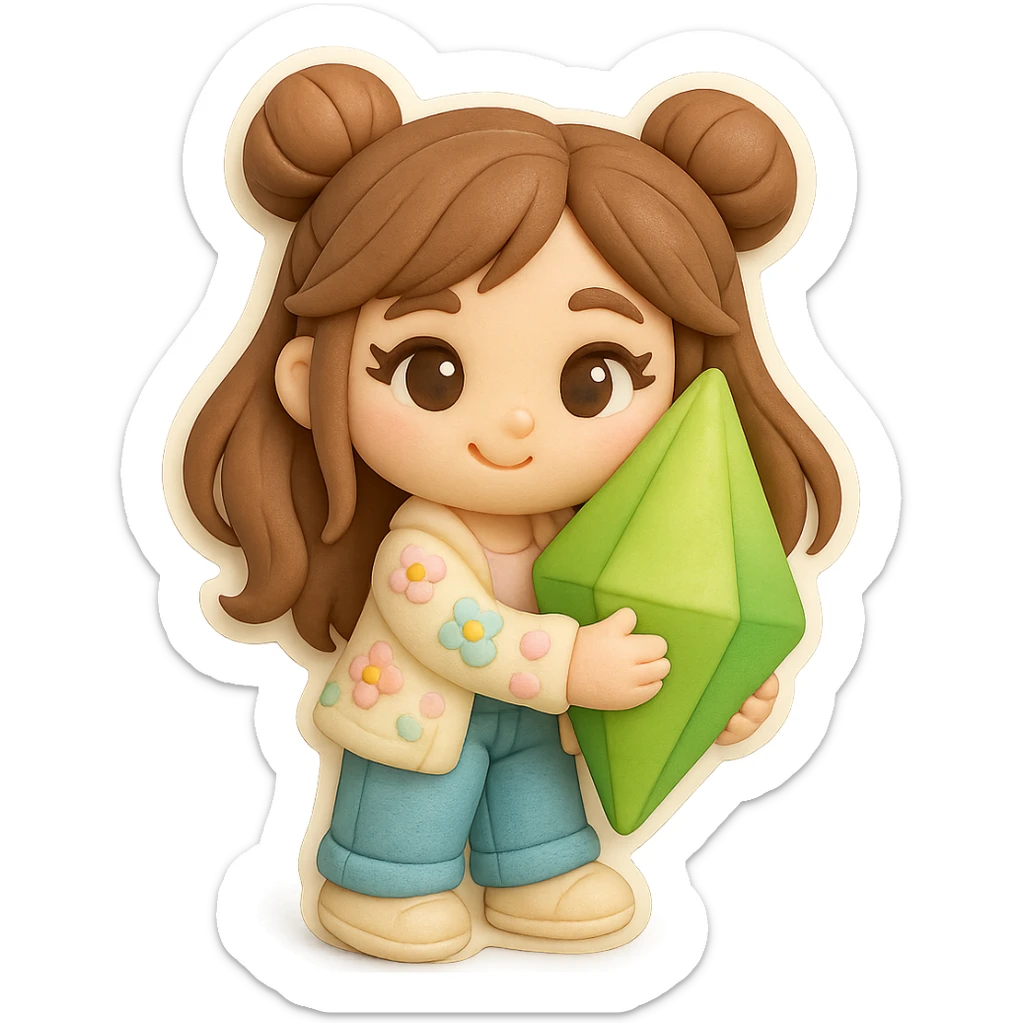 3D chibi fondant cake art style, high-quality rendering with smooth shadows and soft gradients. Girl with long brown hair in two space buns, brown eyes, jeans, pastel floral cardigan, thick white outline like a sticker, transparent background. Flirty, holding and hugging a Plumbob, preserve facial features from reference image. sticker