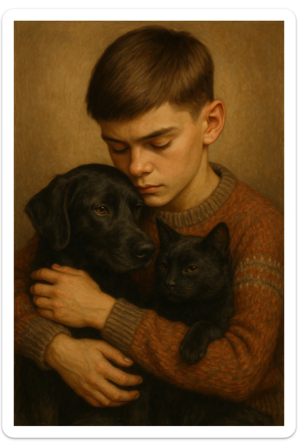 A kid with a chiseled jawline, brown eyes, and flat brown hair facing down, wearing a vintage sweater, hugging a black dog and a black cat. sticker