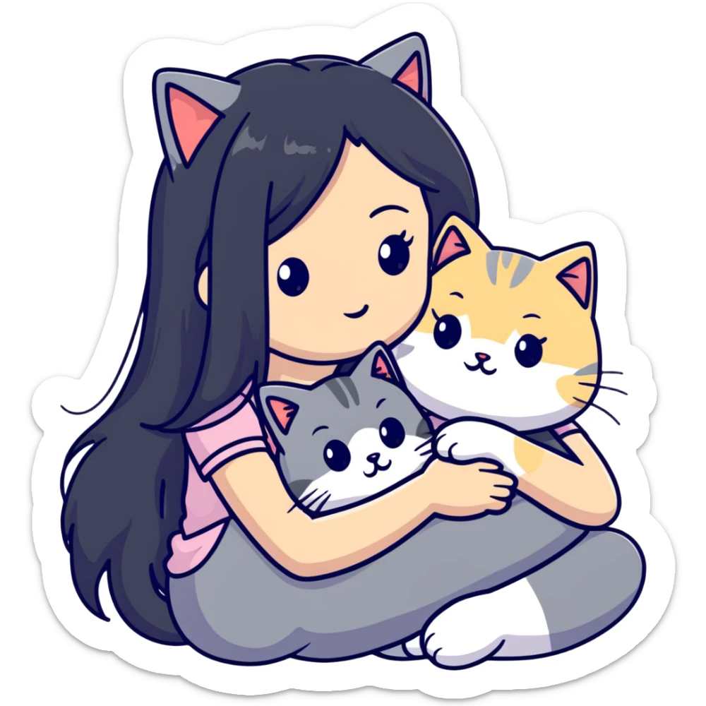 Beautiful girl with long black hair cuddling a gray and blonde cat sticker