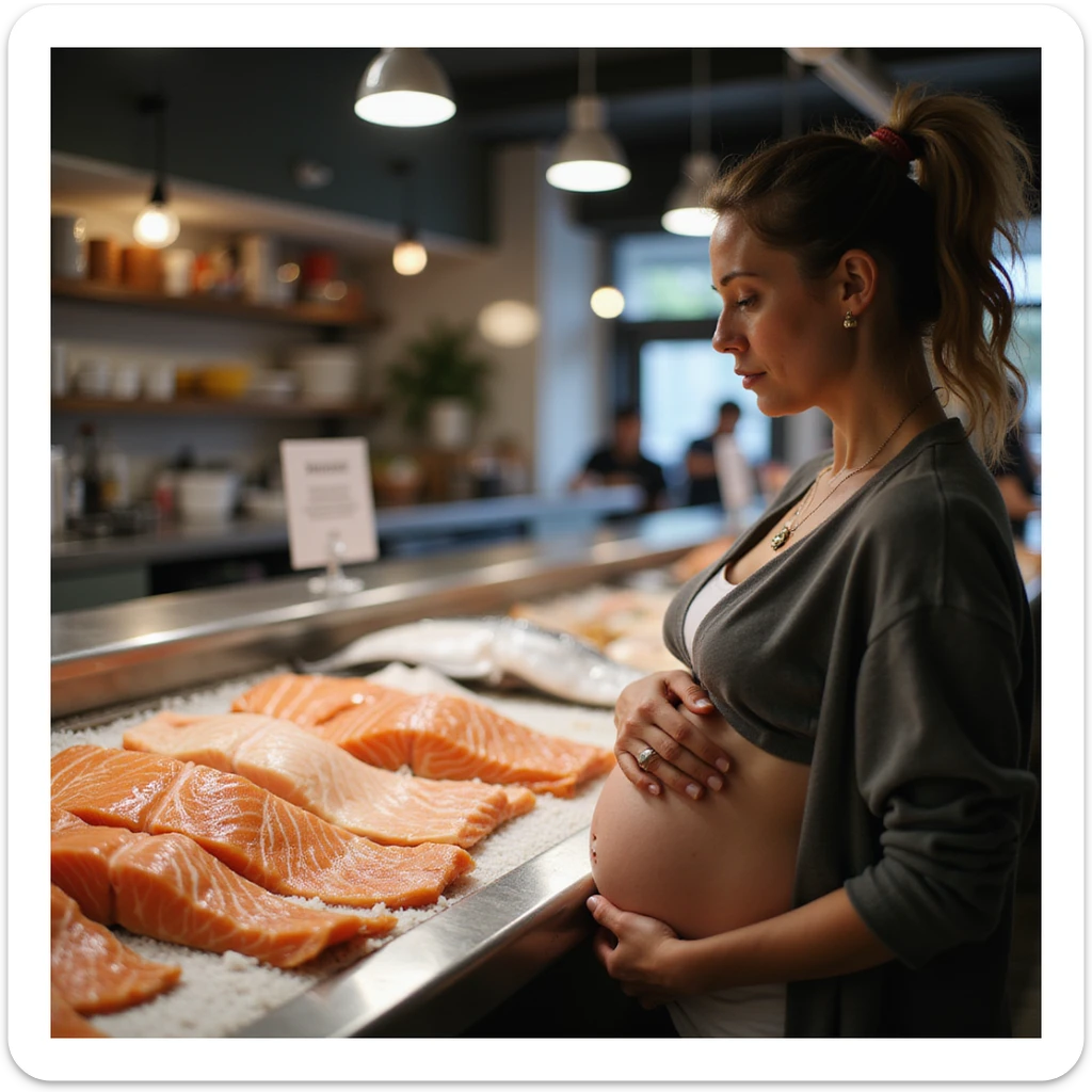 realistic pregnant woman in 4K observing the fish counter with the sign in the foreground that says: 'Attention, consuming raw salmon may pose risks during pregnancy' sticker