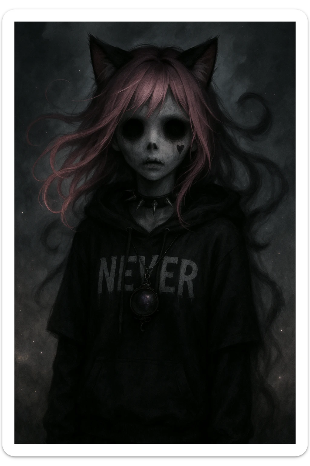 realistic anime catgirl with pink hair, emo streetwear, heart tattoo under left eye, dark magical accessory, sparkles, stormy background, ghostly horror look with floating hair, shadowy aura, and empty eye sockets sticker