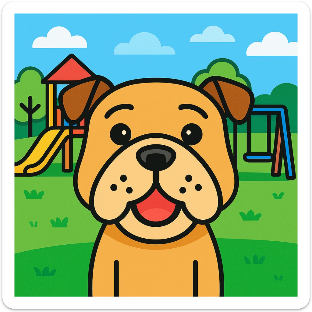 Add a playful background, such as a park or colorful playground, to the English bulldog icon in color outline style. sticker