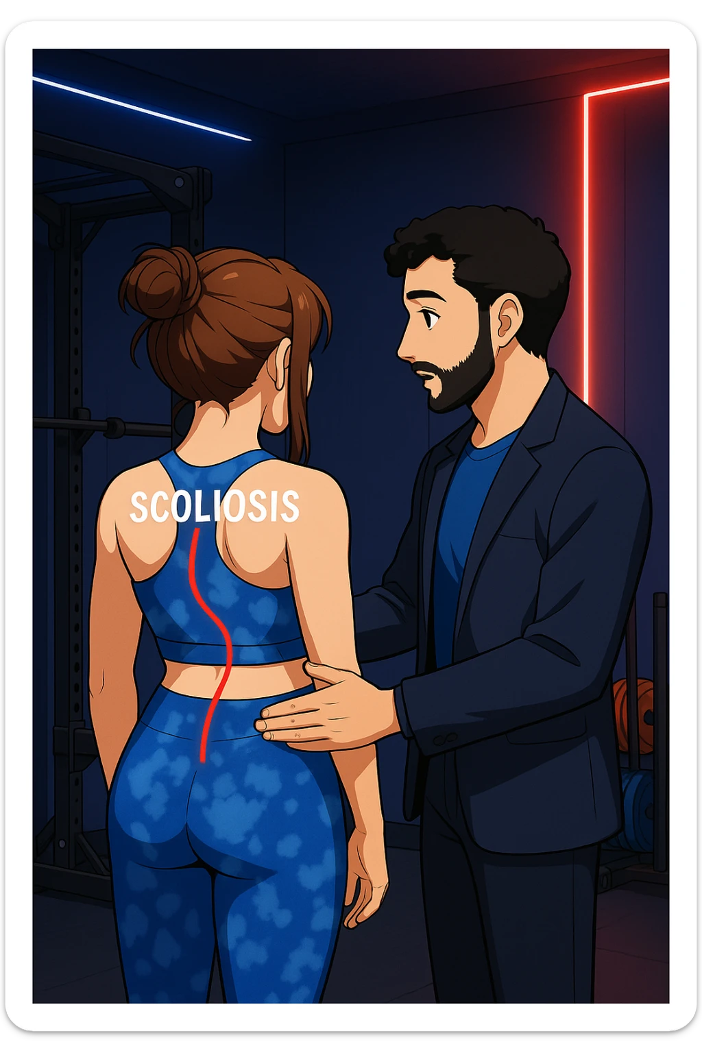 ispirati a questo stile di disegno e fai questa immagine in versione manga/webtoon a colori, il manga mostra la donna di spalle, mentre l'uomo le tocca la spina dorsale per spiegarle come funziona la scoliosi:
Con una scoliosi il baricentro corporeo cade maggiormente da un lato; per non cadere la schiena compensa accumulando tensione sul fianco opposto.
Il risultato? Si inclina e ruota sempre più, fino a che non cede (discopatie, artrosi, ecc) sticker