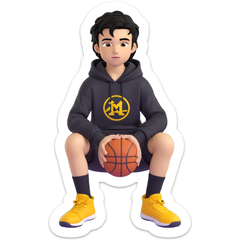 boy kid sitting in a ring sitting pose, black hoodie with hood off, smirking, black crew socks, black messy hair, black basketball shorts, yellow skin sticker