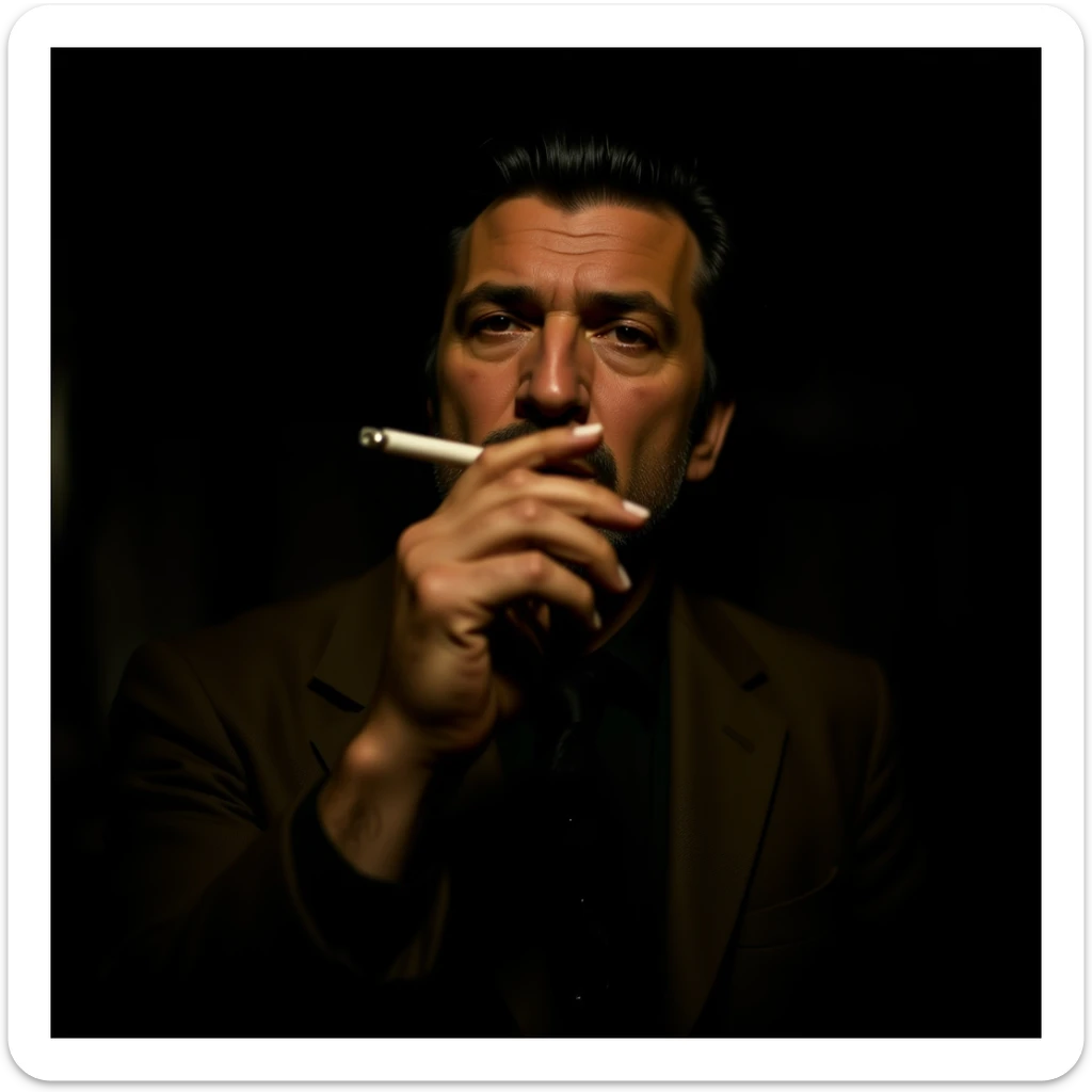 realistic scene of a 1970s mobster inspired by Robert De Niro in Goodfellas, smoking a cigarette in a dimly lit room, atmospheric sticker