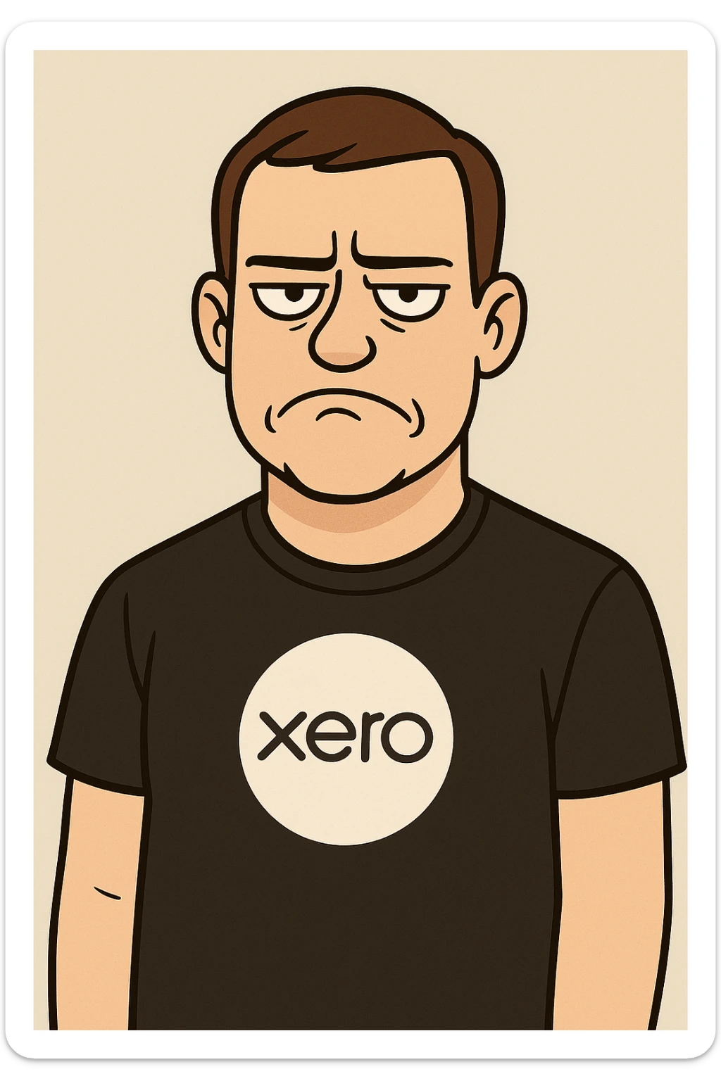 Create a cartoon style image of a man with short brown hair, wearing a black Xero t-shirt, with a not amused expression. Use a simple background. sticker