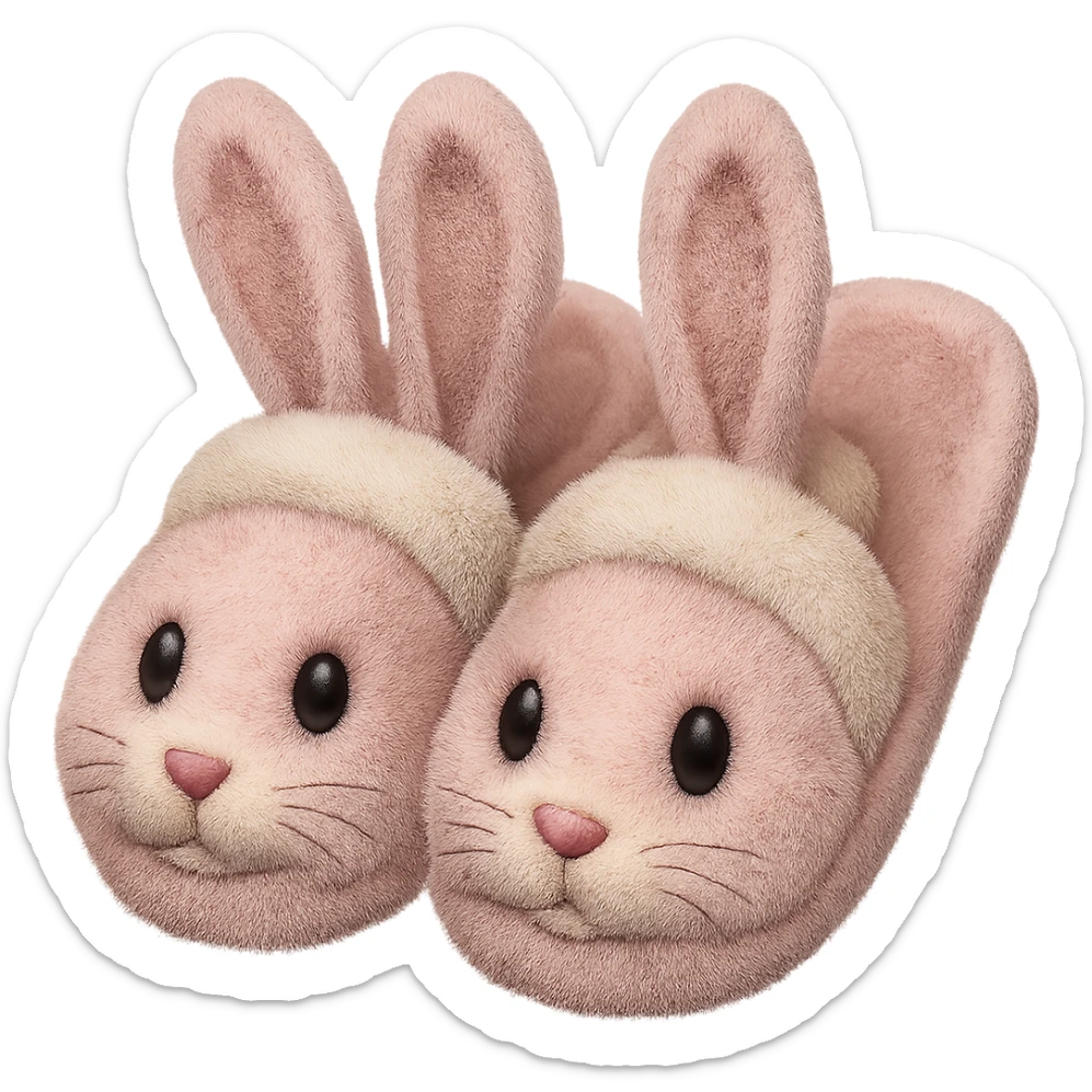 Make the light pink bunny slippers with floppy ears look fuzzy in the style of emoji, with no background. sticker
