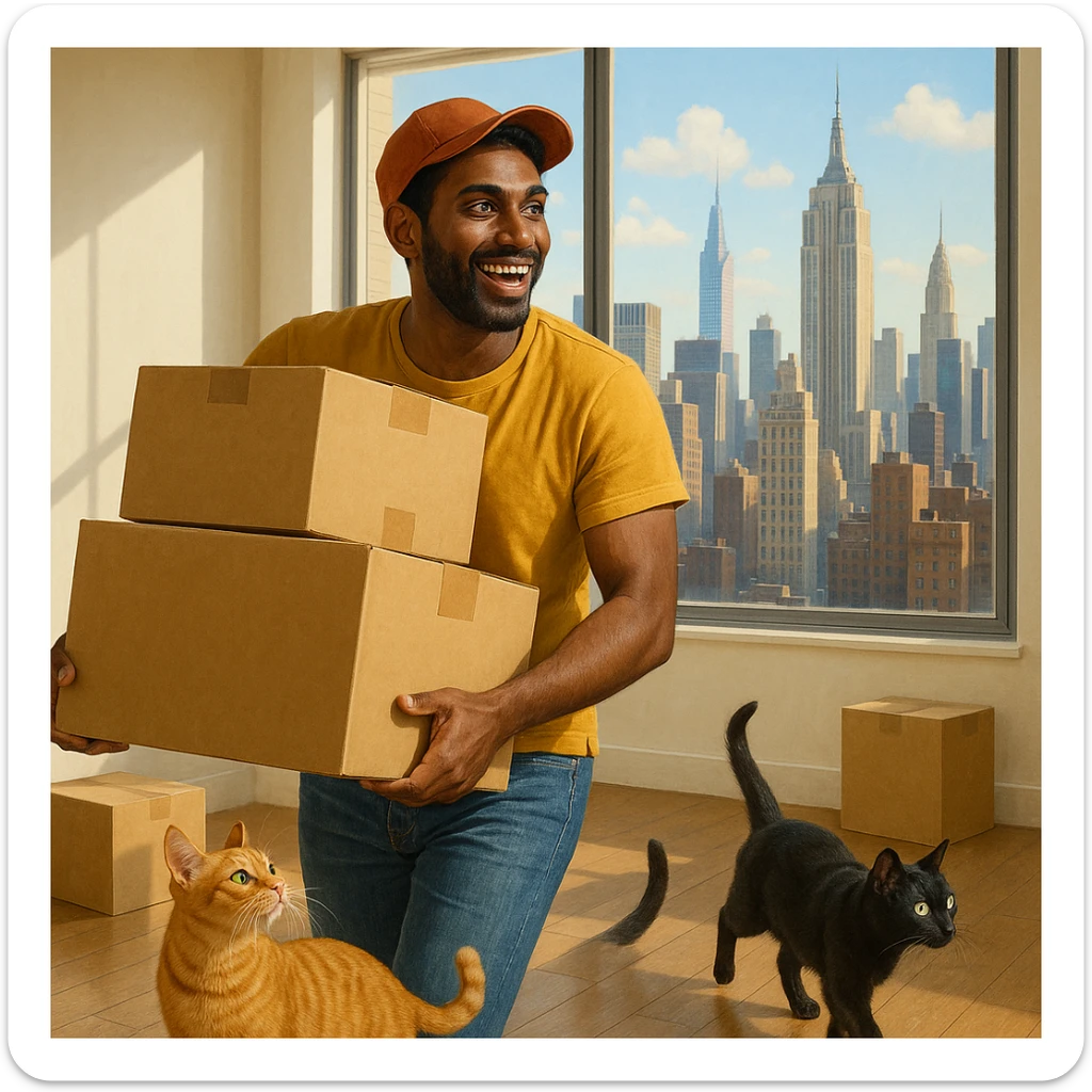 An Indian Black man with his two cats moving into a New York City apartment, showing boxes, city skyline, and excitement sticker