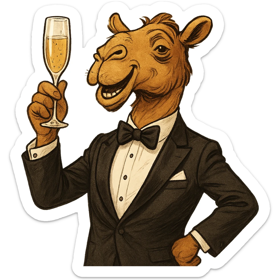 a camel in a tuxedo, holding a champagne glass, celebratory mood, sophisticated and fun sticker