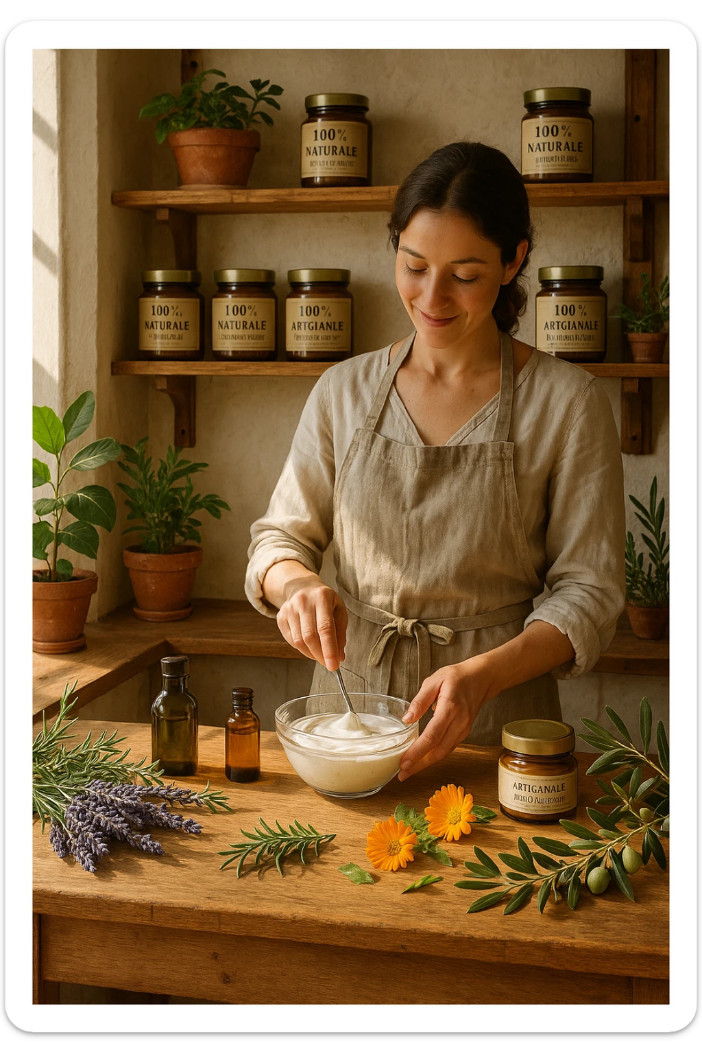 A realistic, high-quality photo of a small artisan skincare laboratory in Italy, with wooden shelves displaying beautifully packaged glass jars of natural creams made with herbal and botanical extracts, olive oil, and essential oils, clearly labeled ‘100% Natural’ and ‘Artisan Made in Italy’. The scene includes a bright, sunlit rustic workspace with plants, fresh lavender, rosemary, calendula flowers, and olive branches on the wooden counter, symbolizing purity and nature. A female artisan in a linen apron is carefully mixing creams in a glass bowl, smiling softly. The environment feels warm, authentic, and eco-friendly, emphasizing the concept of handcrafted skincare without synthetic chemicals in italiano sticker