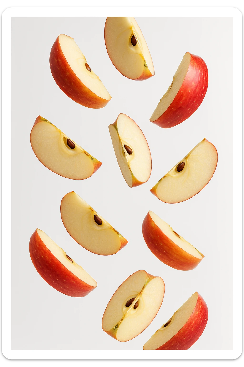 spicchi di mela cadono dall'alto, sfondo bianco realistica 4k sticker