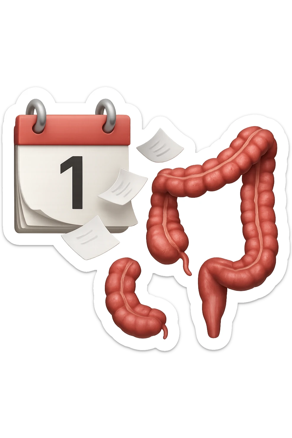 emoji stile iphone di un calendario con fogli che volano insieme a pezzi anatomici di colon umano, iperrealistico 4k, isolato su sfondo bianco sticker