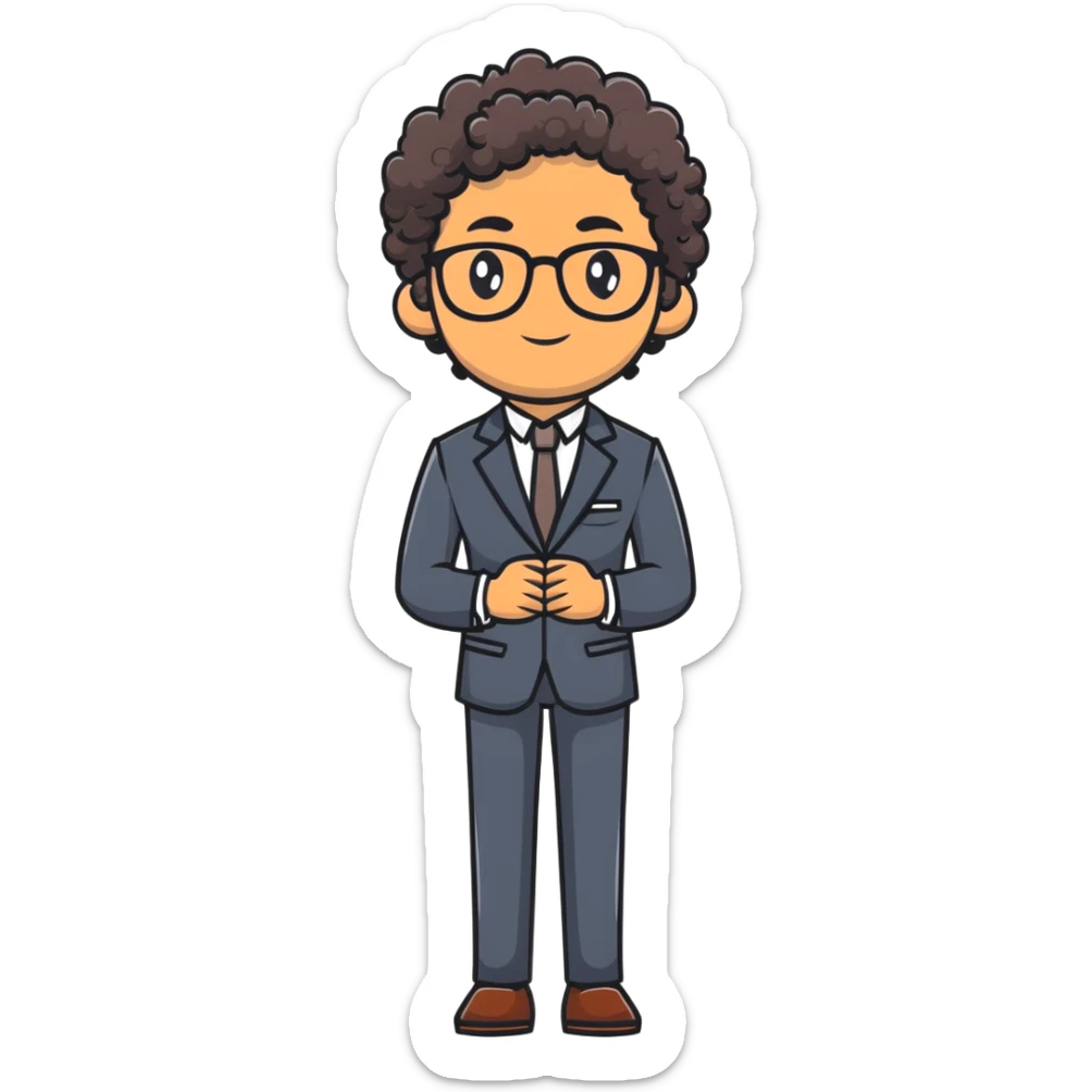 brown pakistani with clean shave wearing a suit with curly hair and glasses sticker