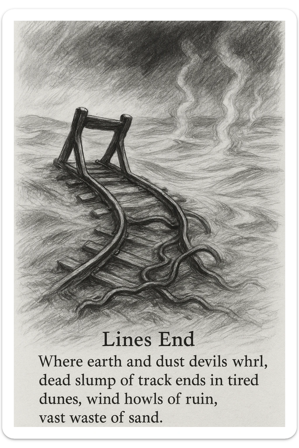 black and white pencil sketch inspired by the poem 'Lines End', showing a desolate, slumping railroad track ending abruptly in a barren landscape of dunes and sand, twisted rails, sense of ruin, vast empty wasteland with wind, earth, and dust devils, dramatic lighting, no background clutter, poem text included in regular font flowing along the bottom or side of the sketch sticker