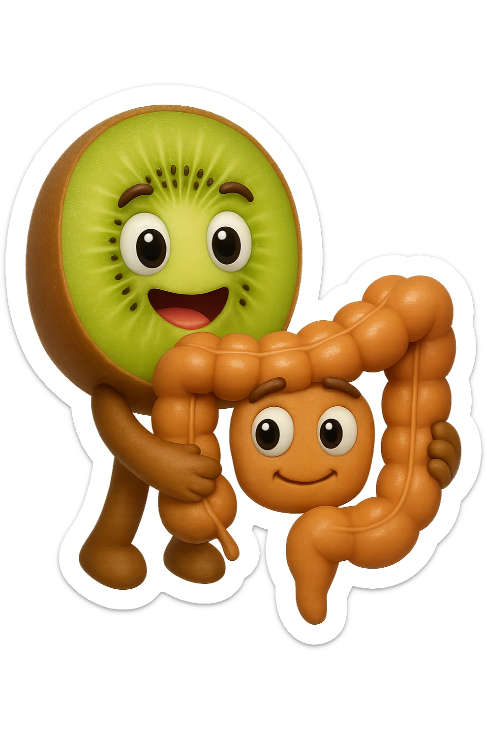 emoji stile iphone di kiwi fluttuano in aria tenendo in mano un pezzo di colon con espressione felice in volto, iperrealistico 4k sticker