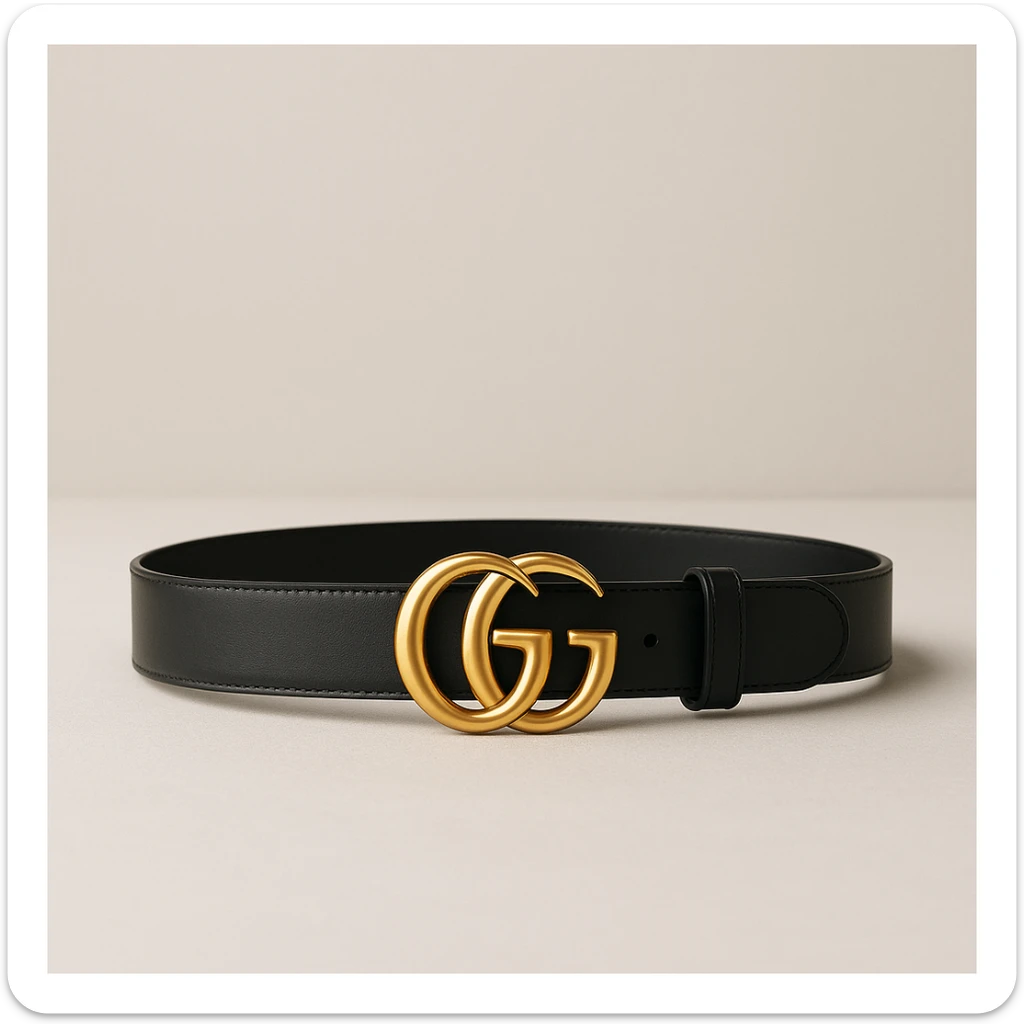 a Gucci belt, luxury fashion accessory, gold GG buckle, black leather, elegant, minimal background sticker