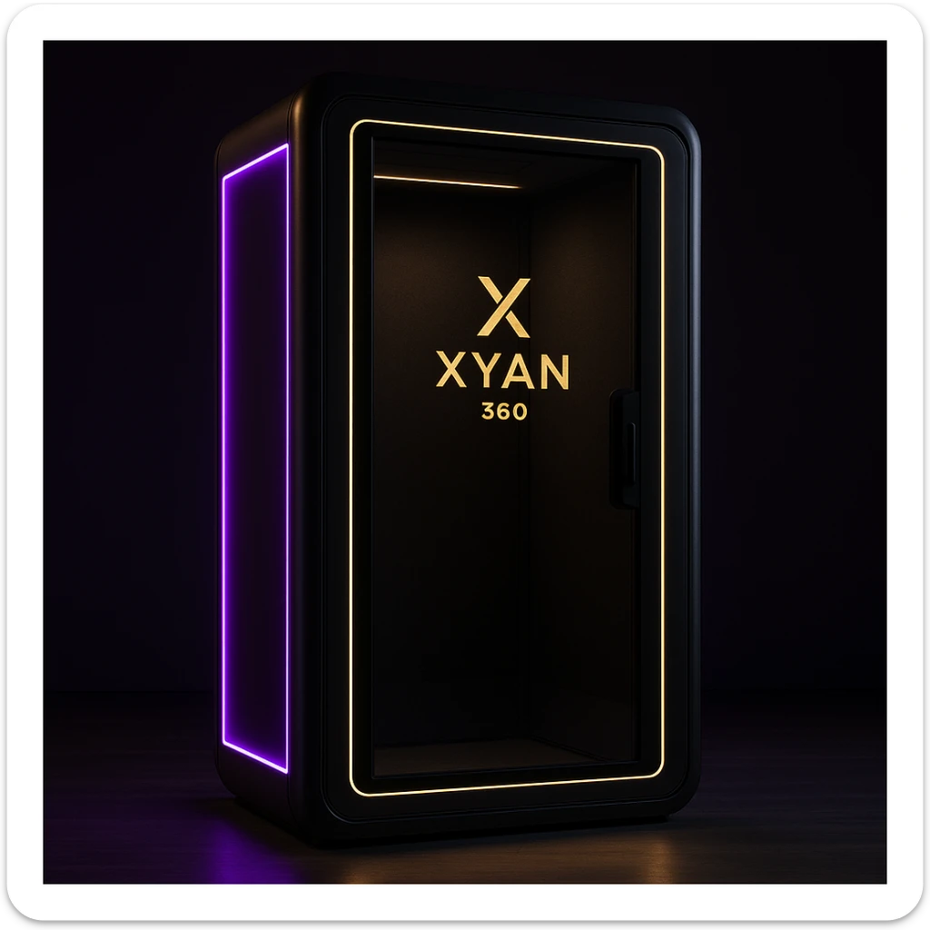 A privacy enclosure booth with glowing LED strips in purple and gold, 'Xyan 360' logo displayed, upscale and modern style sticker