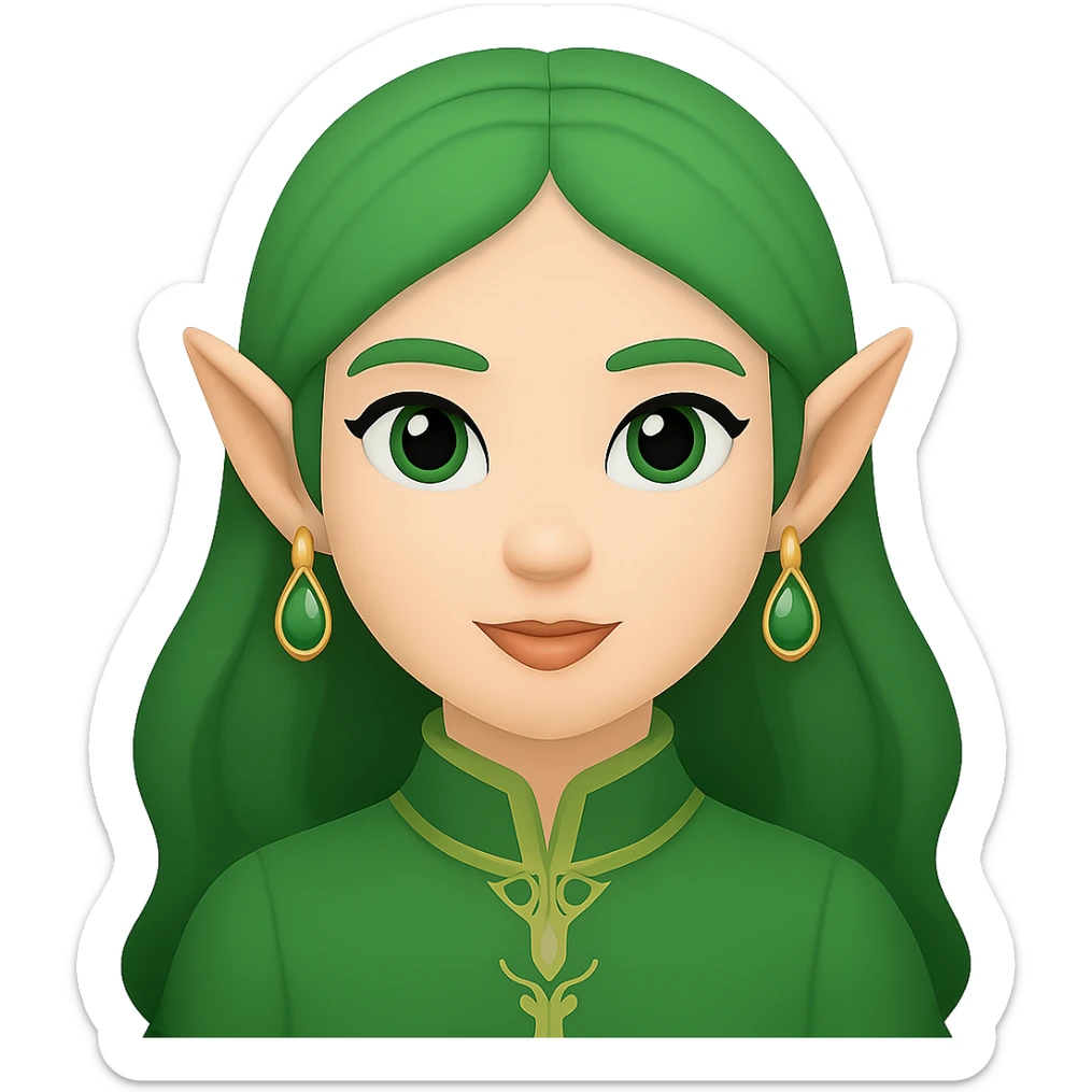 Create an Apple emoji style image of a woman with elf ears and green hair, no background. sticker