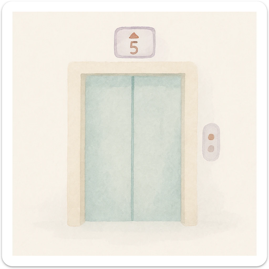 soft watercolor illustration in a minimalist modern style, pastel colors, delicate linework, gentle whimsical mood, minimal soft shading, elevator with indicator showing 5th floor sticker