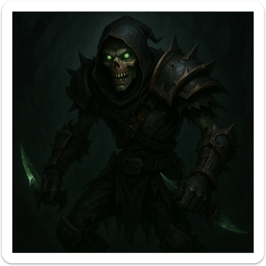 undead rogue, World of Warcraft style, shadowy, sinister, dual daggers, glowing green eyes sticker