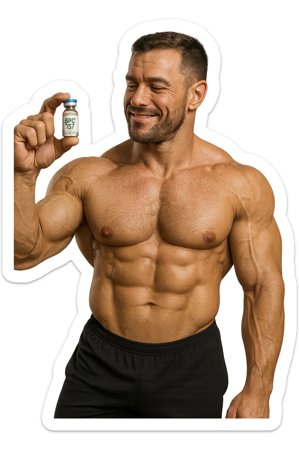 BODYBUILDER A FIGURA INTERA CHE TIENE IN MANO UNA FIALA MEDICA CON la scritta "BPC 157" SULL'ETICHETTA E LA GUARDA SODDISFATTO, iperrealistico 4k sticker