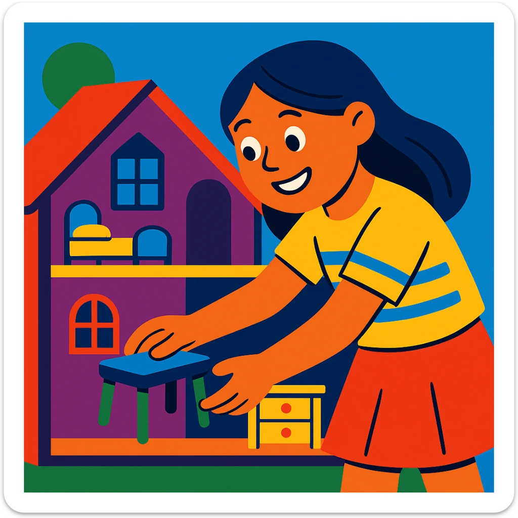 smiling girl arranging furniture in doll house sticker