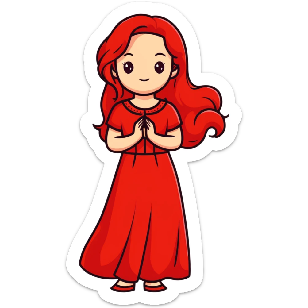 Fair-skin elegant girl in red long dress with long red hair sticker