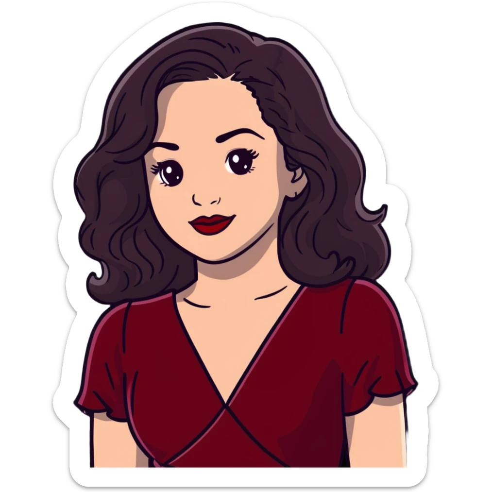 Elegant high-profile woman with glowing fair skin, long dark straight hair with soft waves, large dark eyes with dramatic makeup, defined eyebrows, full red lipstick, wearing wine red velvet dress with V-neckline, glamorous confident smile sticker