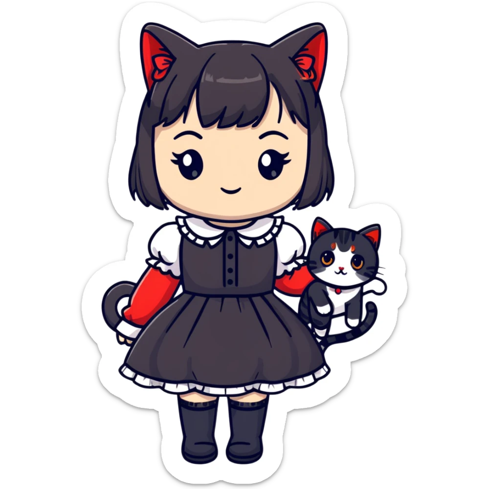 girl wearing black Lolita style dress, with medium-length black hair with red tips, and a black American Shorthair tabby cat sticker