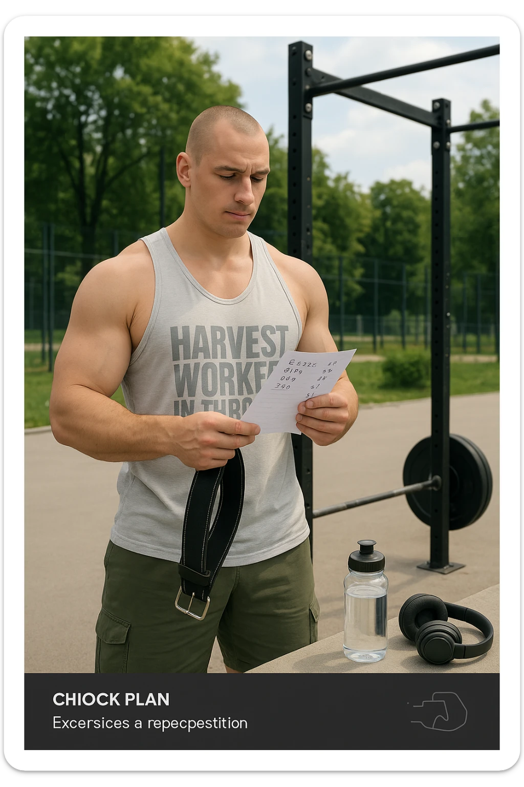 un uomo prepara con cura il suo set di pesi e la cintura per streetlifting, controllando una lista di esercizi e ripetizioni scritta su un foglio. Accanto a lui, una borraccia e delle cuffie. L’espressione è serena e sicura, a sottolineare l’importanza della programmazione per un allenamento efficace. Lo sfondo è un’area fitness urbana, pulita e ben attrezzata. sticker