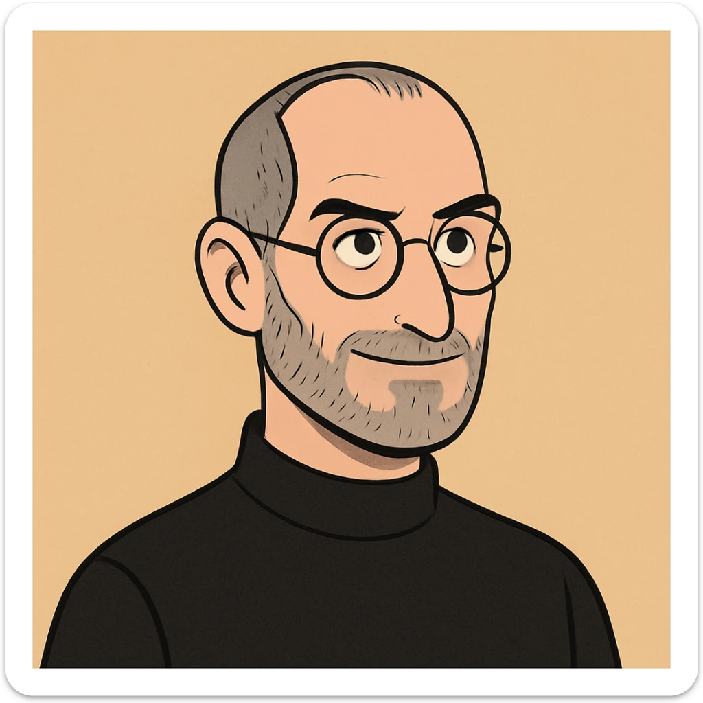minimalist style portrait of Steve Jobs with iconic black turtleneck and round glasses sticker