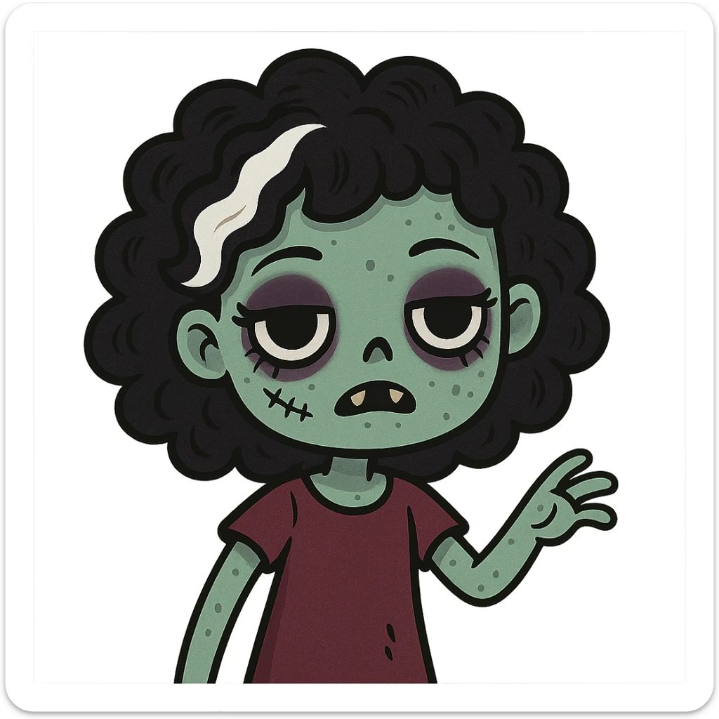 cute cartoon zombie girl, black curly hair with a white streak, creepy face, makeup details sticker
