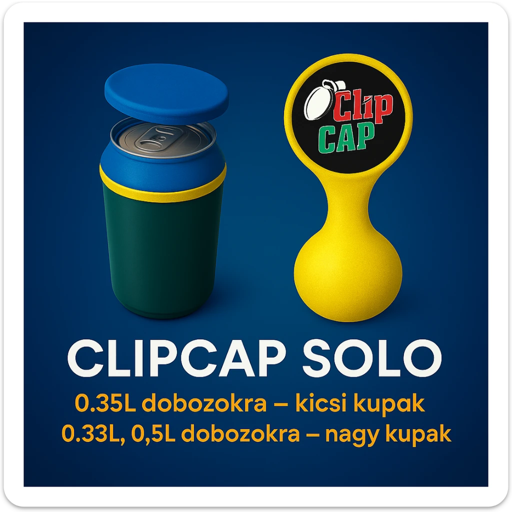 A kupakokat színezd át kékre. A CLIPCAP DUO felírat helyett CLIPCAP SOLO felírat legyen, a "kicsi és nagy kupak a csomagban" szöveg helyett "0.25L dobozokra - kicsi kupak" és a "0.33L,0.5L dobozokra - nagy kupak" külön sorban. A 0.25L, a 0.33L, a 0.5L-t ponttal írd! sticker
