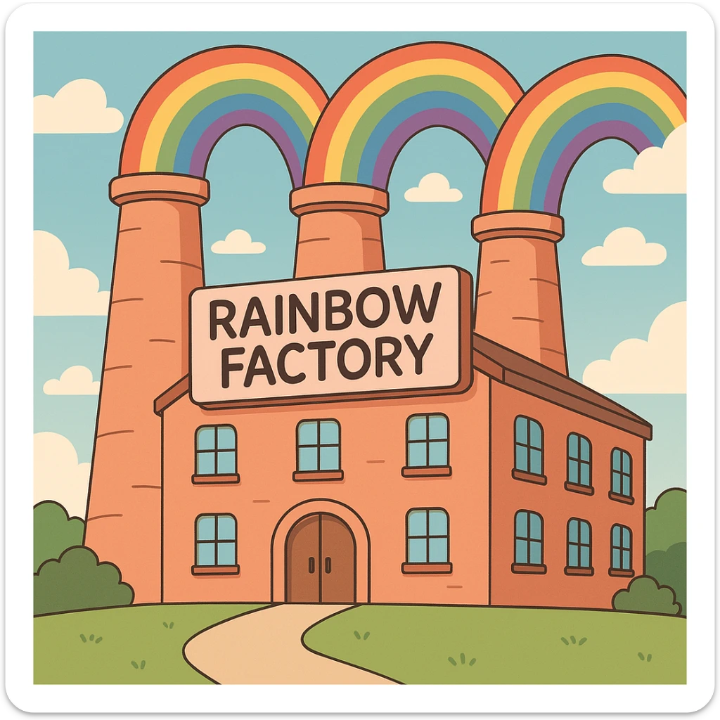 a cartoon-style rainbow factory with rainbows coming out of chimneys, cheerful and bright sticker