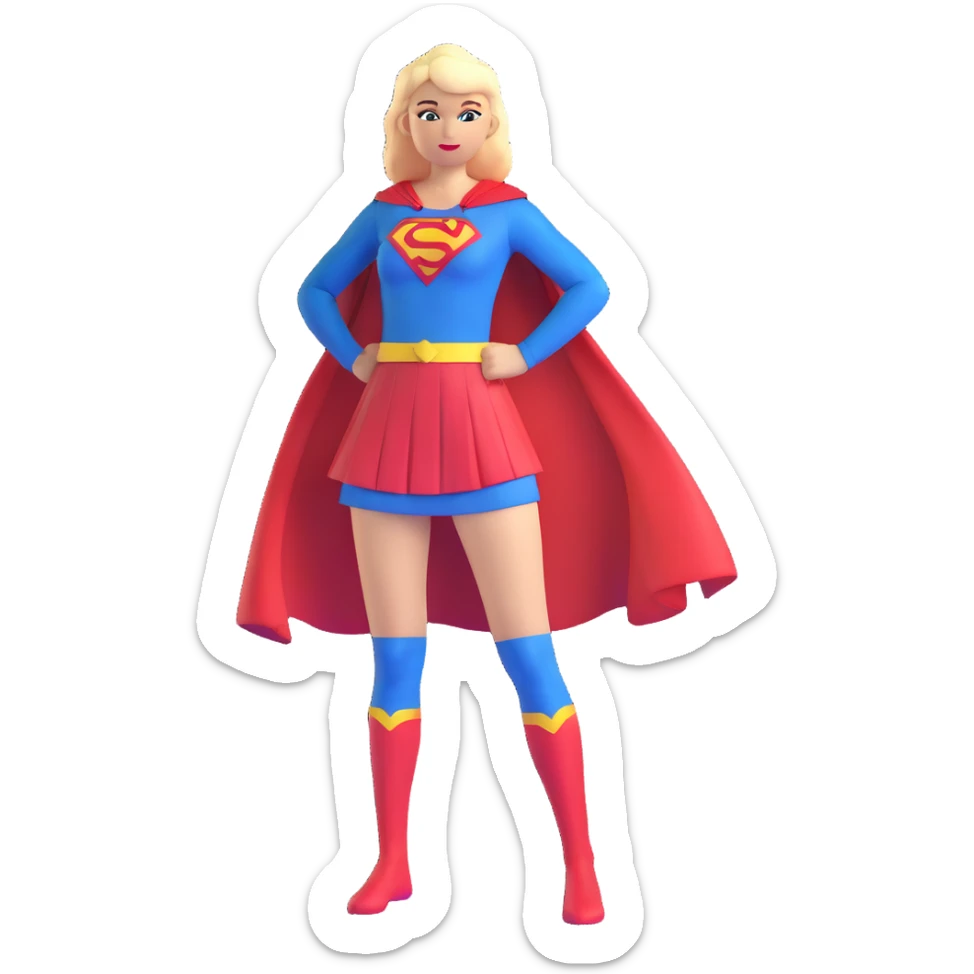 Supergirl superhero full body, blue tights costume with red skirt, red cape and S emblem sticker