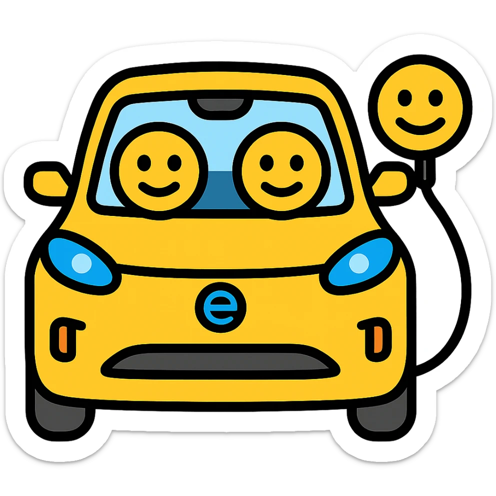 Change the EV car to yellow, keep the cute circle eyes and EV charger on the right, with no background. sticker