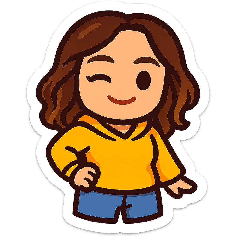 Sticker style chibi emote of the woman from the reference images, wearing a yellow hoodie and jeans, winking, no headband, no sparkles, no wand, transparent background. sticker