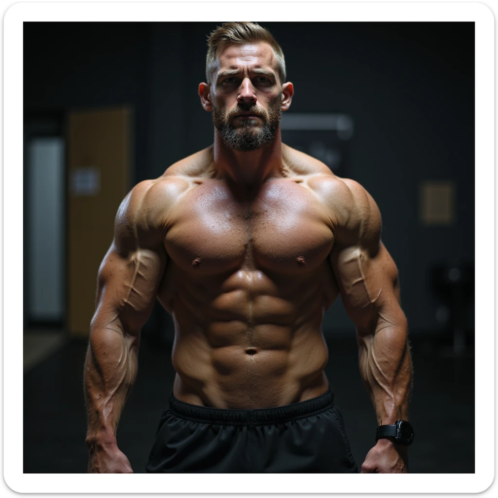 realistic 4K photo of a crossfit male athlete with lean and defined muscles, improved posture, intense lighting, modern gym background, energetic atmosphere sticker