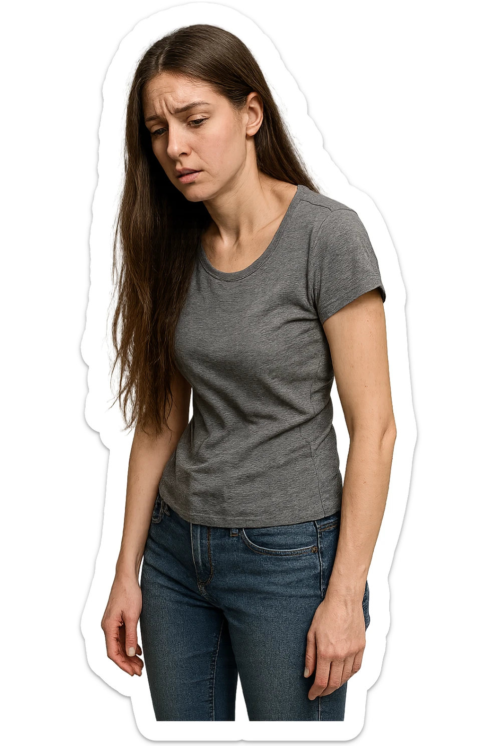 fai immagine identica ma di una donna con capelli lunghi, iperrealistico 4k, postura storta con spina dorsale storta sticker