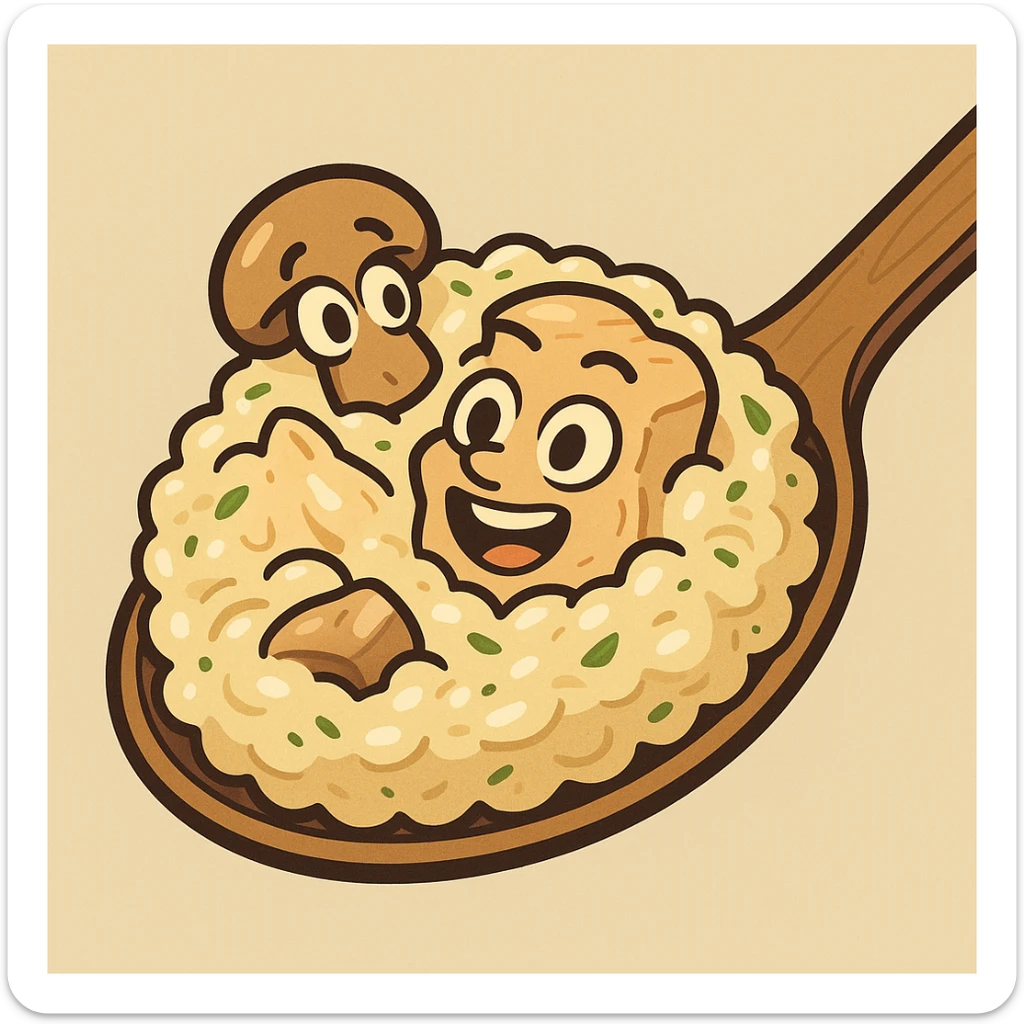 cartoon spoonful of chicken mushroom risotto, creamy texture, with herbs, cute and fun sticker