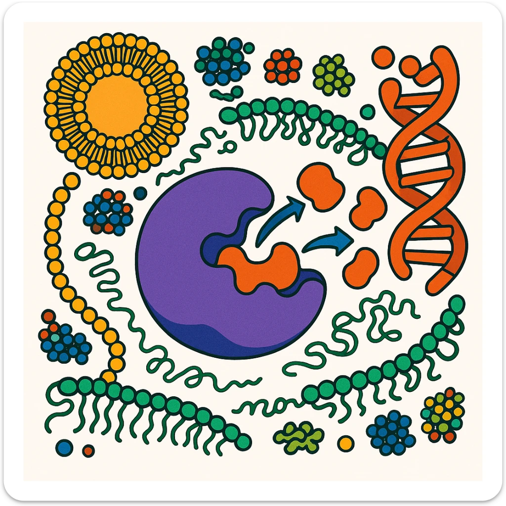 Ultra-detailed scientific illustration  (like in a school book) of enzyme digestion. Macro molecular view, clean white background, no text, no human figures or cartoon characters. Purely biological focus and really detailed and surrounding sticker