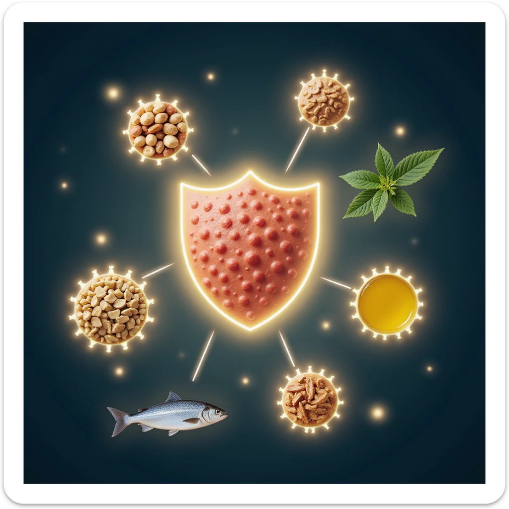 realistic image of stylized cells with glowing membranes and sources of healthy fats (nuts, oil, fish) surrounding cells like a shield, Italian caption 'Grassi salutari: protezione per le membrane cellulari', light and attractive background sticker