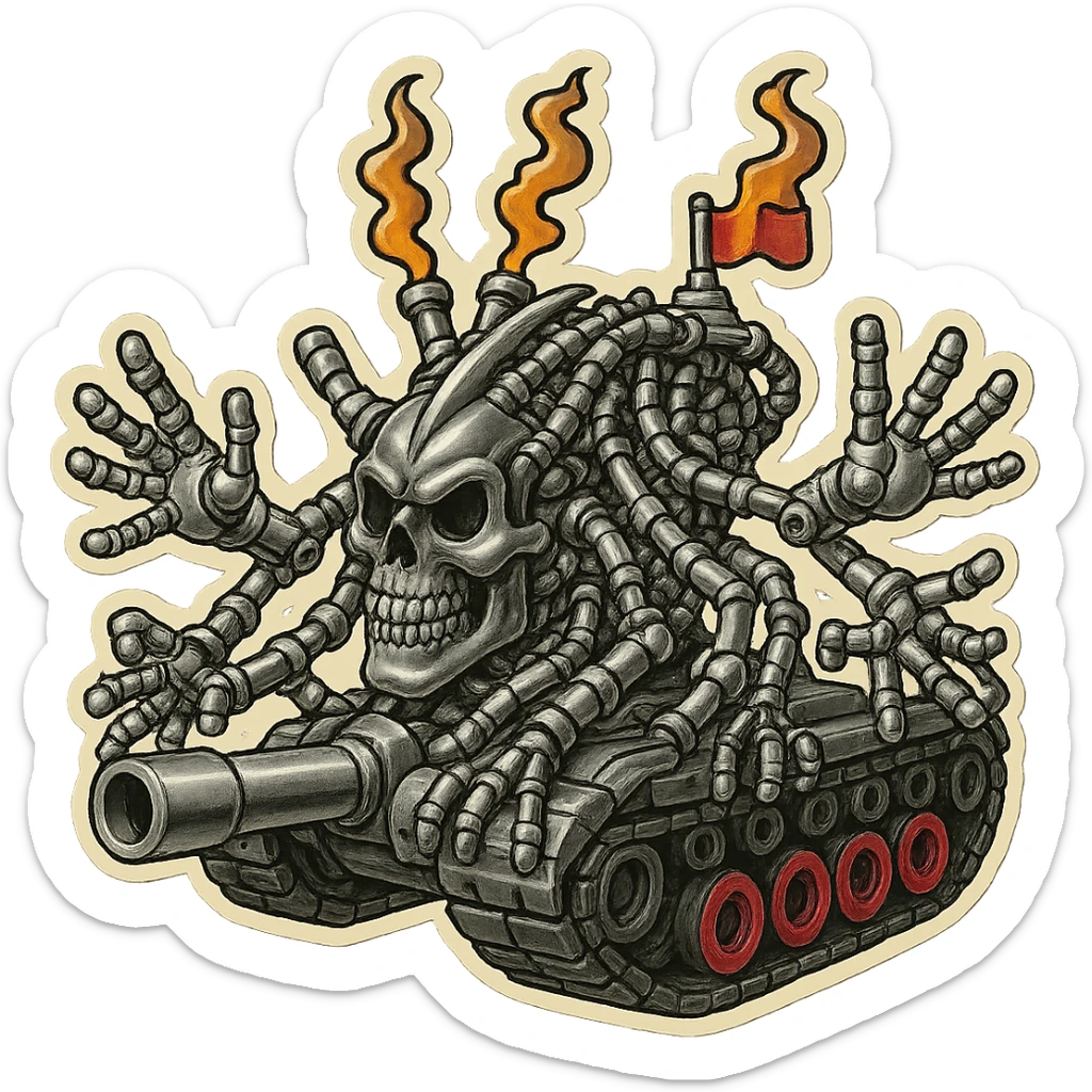 Edit the skull robot tank to have 4 distinct arms. All metal parts should be pure greyscale with no blue or purple tints. Non-metal elements can have color accents. Maintain the retro stickers style with a clean outline and transparent background. sticker