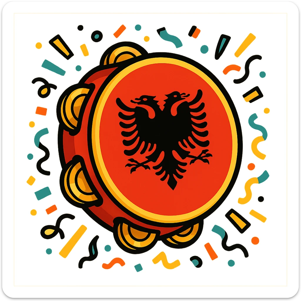 cartoonish tambourine with Albanian flag colors and festive confetti, cheerful sticker