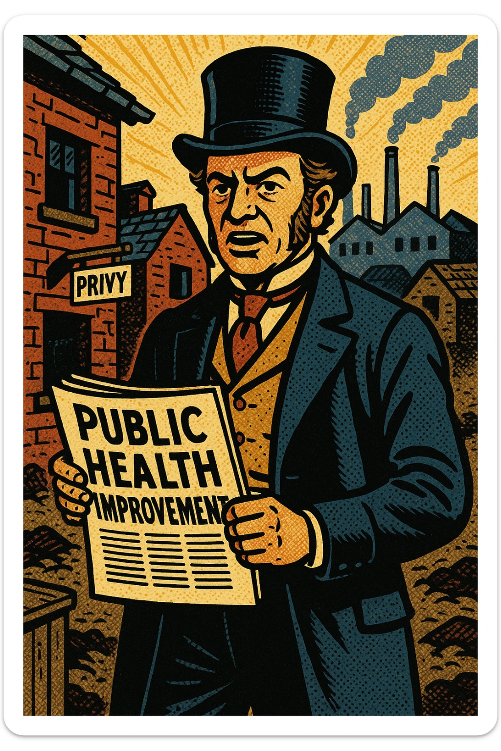 the full image of a middle aged victorian politician holding a newspaper in his left hand which has the headline 'Public Health Improvement'. In the background are victorian slum housing a sign for a 'privy' and victorian factories in the distance sticker