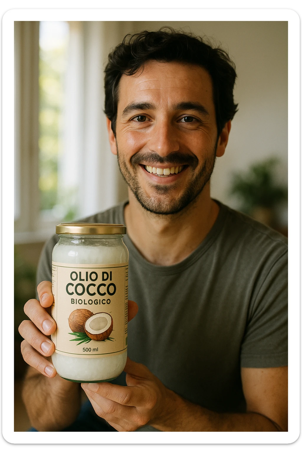 realistic and cinematic style portrait of a happy man showing a jar of organic coconut oil, features similar to reference photo, Italian label clearly visible, natural and bright atmosphere, vertical 2:3 aspect ratio sticker