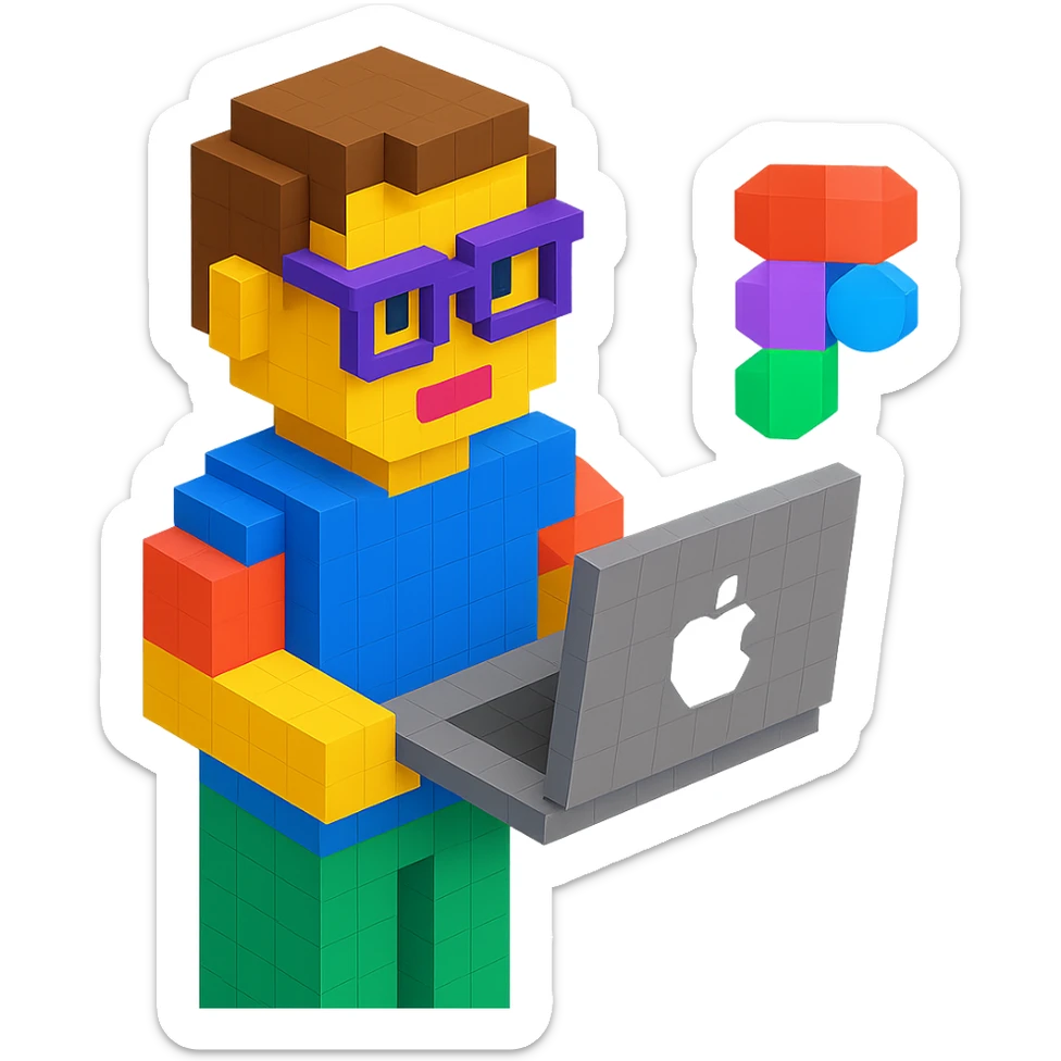 voxel designer holding MacBook, Figma logo visible sticker